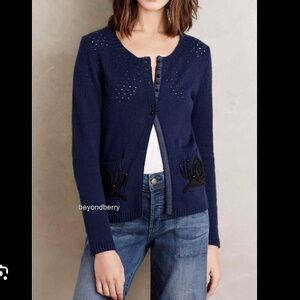 Anthropologie Navy Cardigan with Snail Embroidery